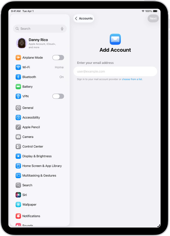 Màn hình Thêm tài khoản đang hiển thị một trường để nhập địa chỉ email của bạn.