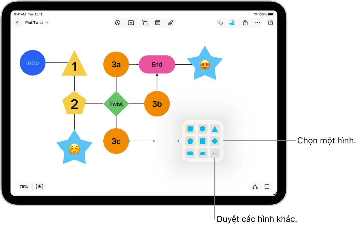 Một sơ đồ trên một bảng Freeform với một hình mới đang được thêm.