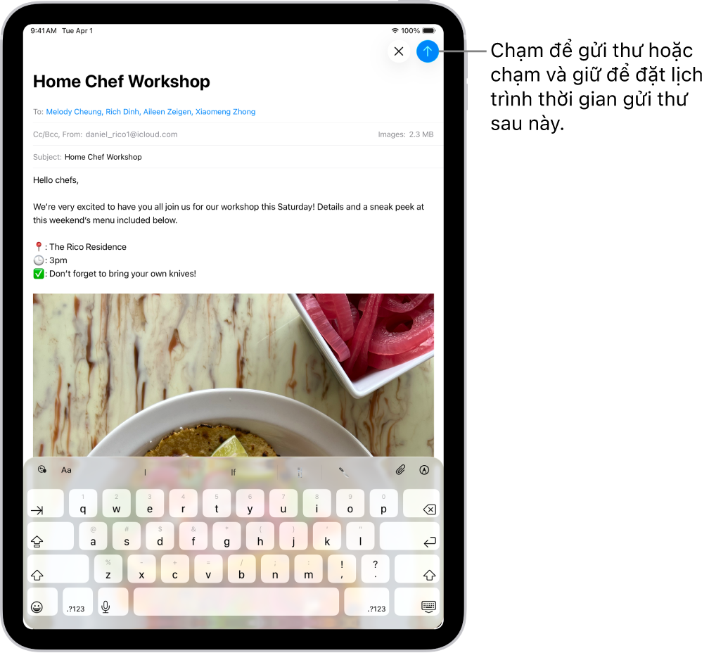 Một bản nháp email được mở trong ứng dụng Mail. Nút để gửi thư nằm ở góc trên cùng bên phải. Chạm để gửi thư hoặc chạm và giữ để đặt lịch trình một thời gian để gửi thư sau này.