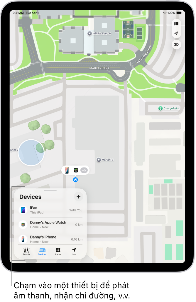 Một màn hình ứng dụng Tìm đang hiển thị nhiều ứng dụng đang chia sẻ vị trí của chúng.