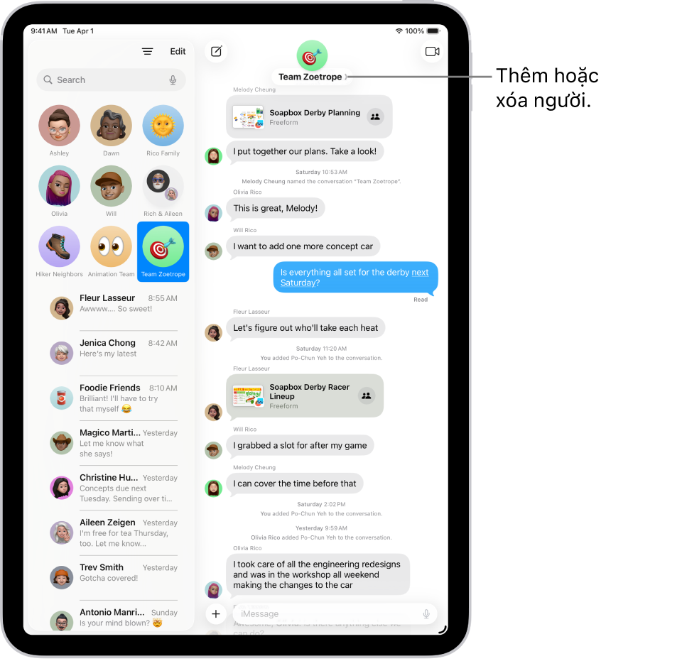 Một cuộc hội thoại nhóm trong Tin nhắn trên iPad. Ở bên trái, một cuộc hội thoại đã ghim được chọn trong danh sách các cuộc hội thoại. Ở bên phải, có một bản chép lại cuộc hội thoại bao gồm các tệp được chia sẻ.