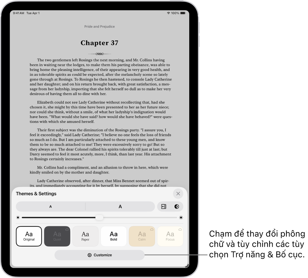 Một trang sách trong ứng dụng Sách. Tùy chọn Chủ đề & Cài đặt hiển thị các điều khiển cho cỡ chữ, chế độ xem cuộn, kiểu lật trang, độ sáng và kiểu phông chữ.