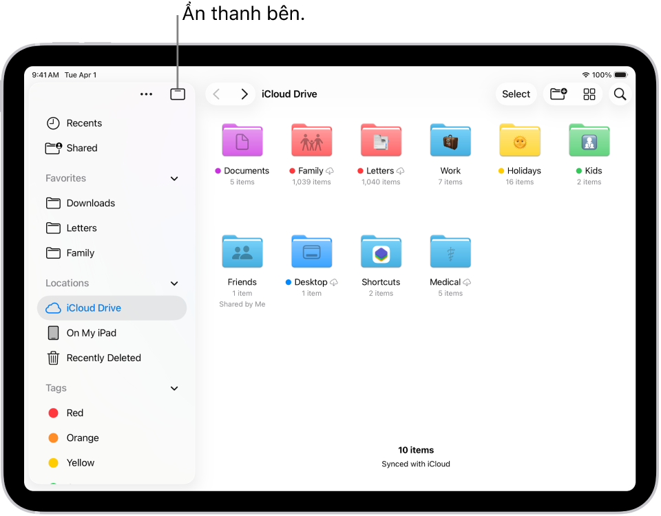 Ứng dụng Tệp đang hiển thị các tệp và thư mục trong iCloud Drive của bạn. Ở đầu màn hình là các nút để chọn mục, tạo một thư mục mới, thay đổi chế độ xem (Danh sách, Biểu tượng, Cột) và Tìm kiếm.