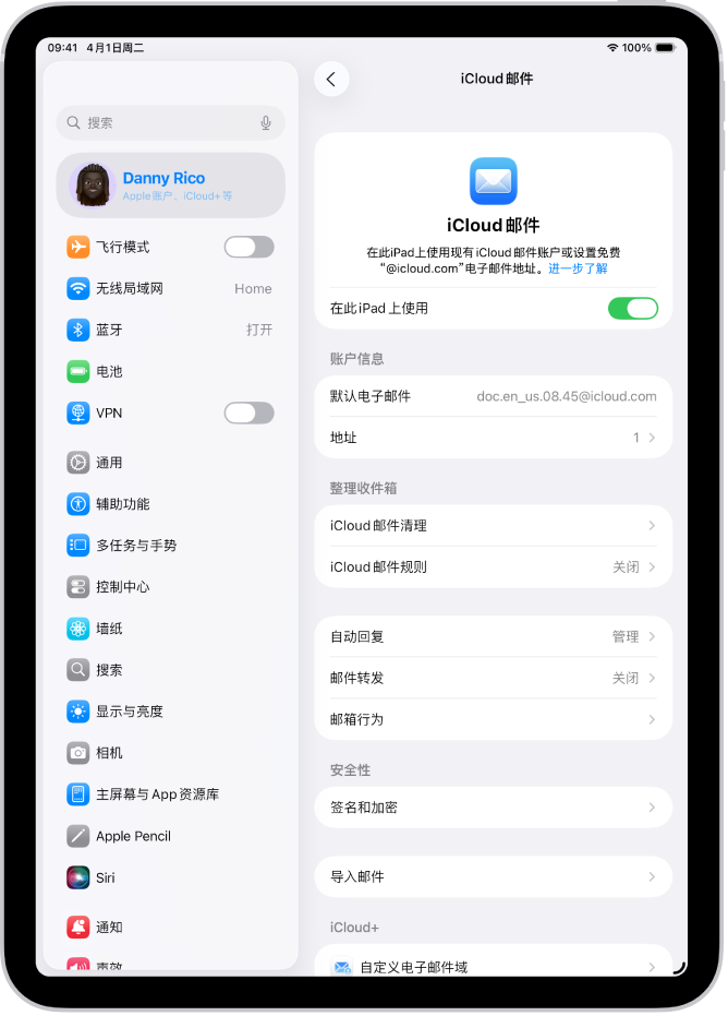 “设置” App，打开至“iCloud 邮件”屏幕。“自定义电子邮件域”位于菜单底部。