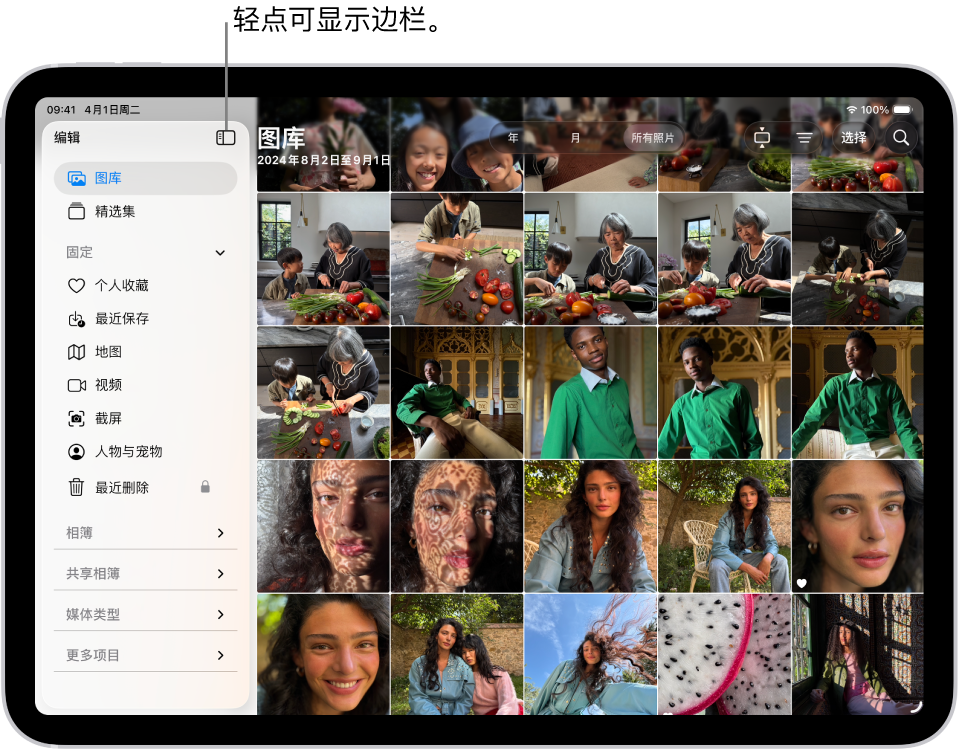 “照片” App 已打开,且边栏中已选中“图库”标签页。