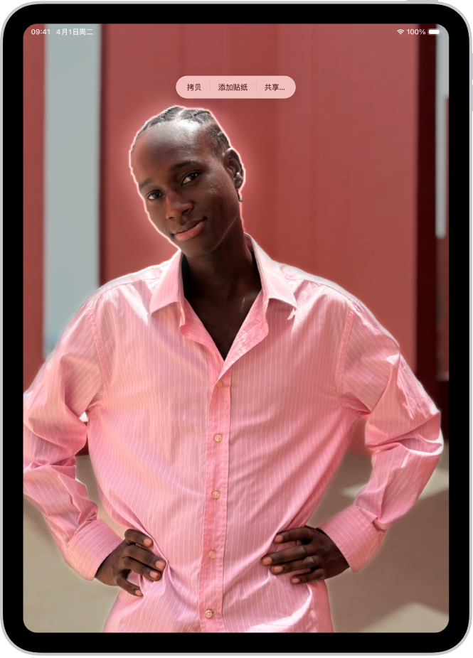 “照片” App 的图库中打开了一张照片。照片中央的主体被勾勒出轮廓,“拷贝”、“查询”、“添加贴纸”和“共享”按钮显示在其上方。