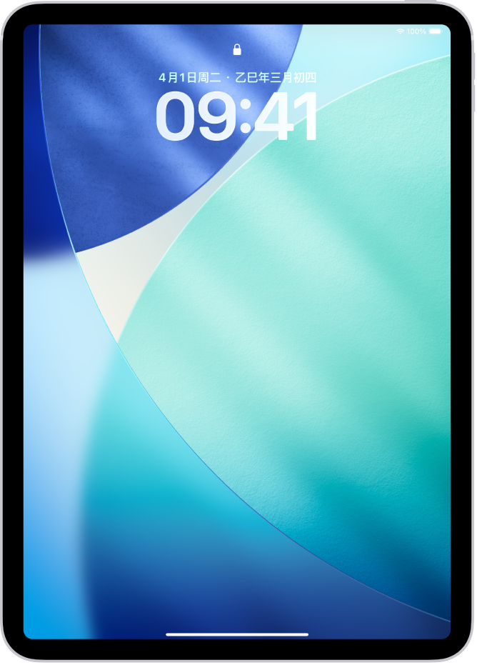 iPad 锁定屏幕显示时间和日期。