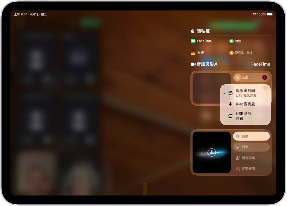 用於選擇 FaceTime 通話音訊輸入來源的控制項目。
