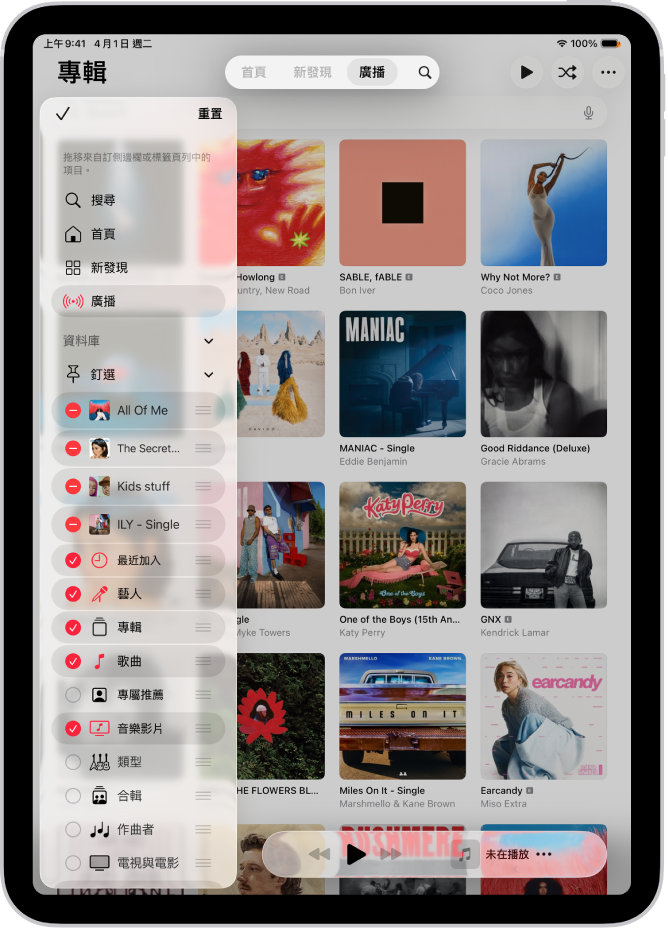 直向的 iPad,顯示編輯左側側邊欄和螢幕最上方標籤頁列的選項。