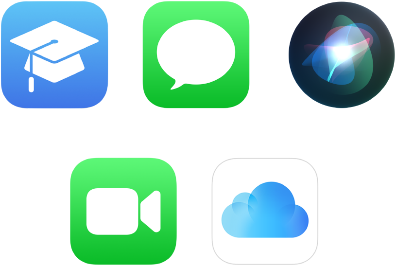 Icons for five Apple services: Apple School Manager, iMessage, Siri, FaceTime and iCloud.