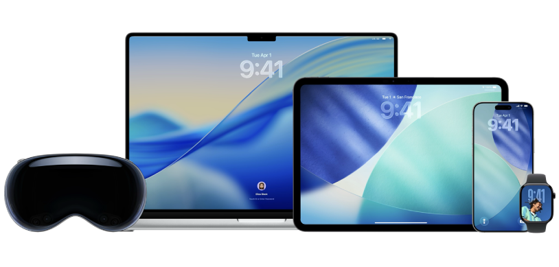 An Apple Vision Pro, a MacBook Pro, an iPad Pro, an iPhone, and an Apple Watch.