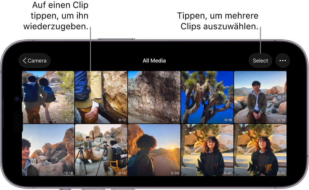 Der Bildschirm „Alle Medien“ in Final Cut Camera mit Videominiaturen, einer Taste „Auswählen“ und einer Taste „Mehr“.