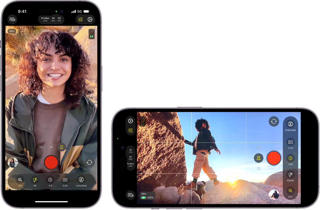 Η οθόνη του Final Cut Camera σε κατακόρυφο και οριζόντιο προσανατολισμό, όπου εμφανίζονται τα στοιχεία ελέγχου κάμερας και το κουμπί Εγγραφής.