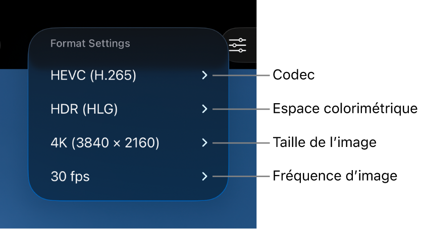 Le menu Réglages de format affichant, du haut vers le bas, les réglages de codec, d’espace colorimétrique, de taille d’image et de fréquence d’images.