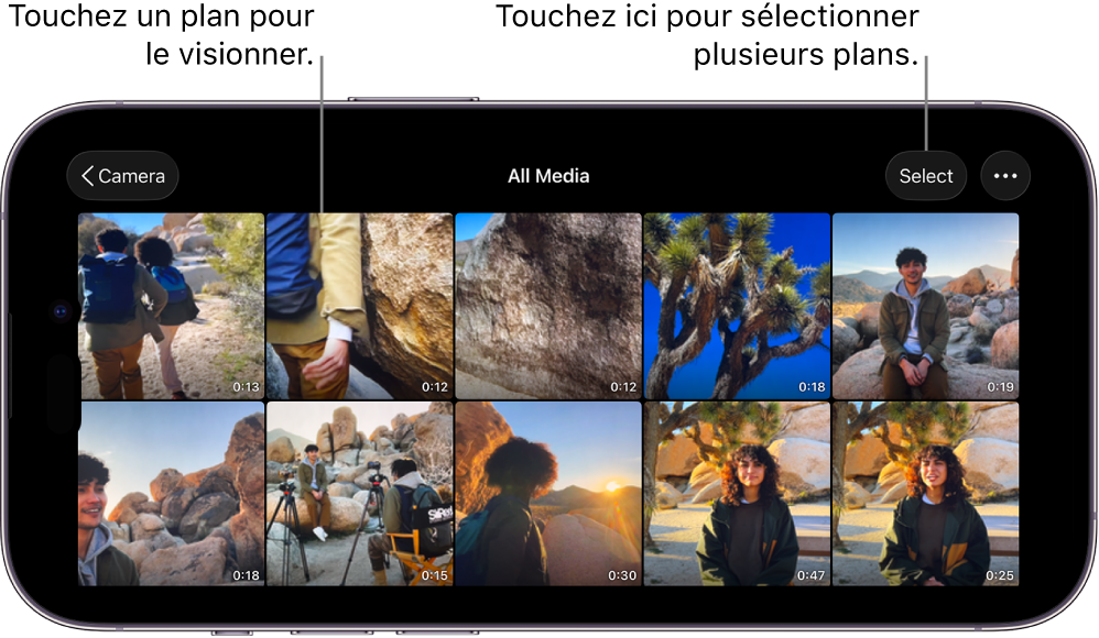 L’écran Contenu dans Final Cut Camera, qui affiche des vignettes de vidéos, un bouton Sélect. et un bouton Plus.