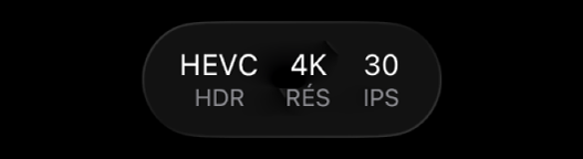 Réglages de format en haut de l’écran, avec le codec, l’espace colorimétrique, la taille d’image et la fréquence d’images.
