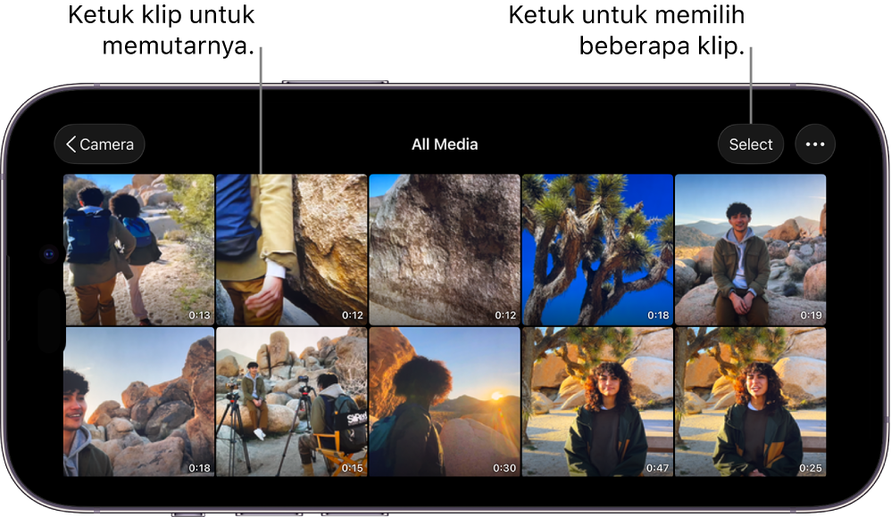 Layar Semua Media di Final Cut Camera, menampilkan gambar mini video, tombol Pilih, dan tombol Lainnya.