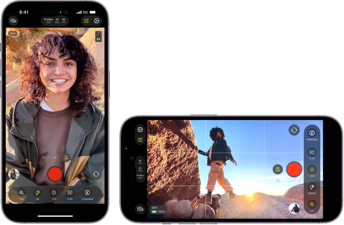 Layar Final Cut Camera, dalam orientasi potret dan lanskap, yang menampilkan kontrol kamera dan tombol Rekam.