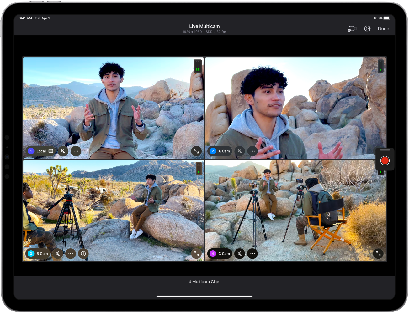 Sesi perekaman Multicam Langsung di Final Cut Pro untuk iPad yang menampilkan empat sudut kamera.
