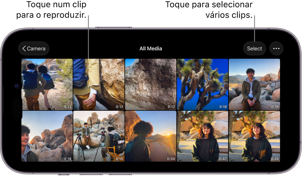 O ecrã Conteúdo na aplicação Final Cut Camera mostra miniaturas de vídeo, um botão Selecionar e um botão Mais.