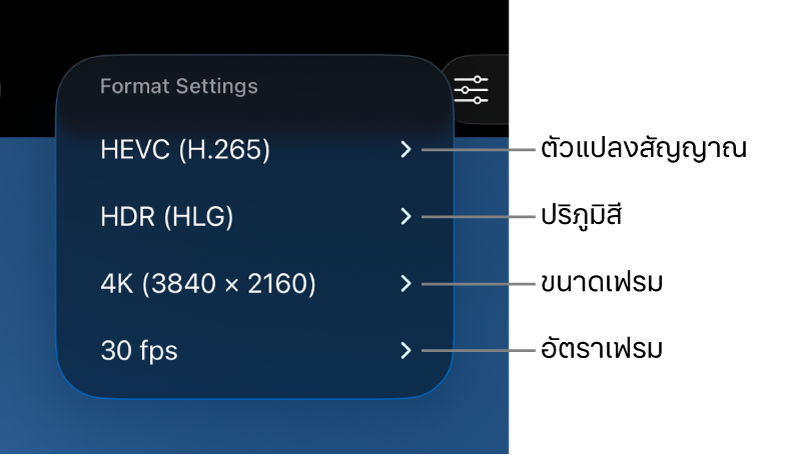 เมนูการตั้งค่ารูปแบบแสดงการตั้งค่าตัวแปลงสัญญาณ ปริภูมิสี ขนาดเฟรม และอัตราเฟรมจากด้านบนสุดไปจนถึงด้านล่างสุด