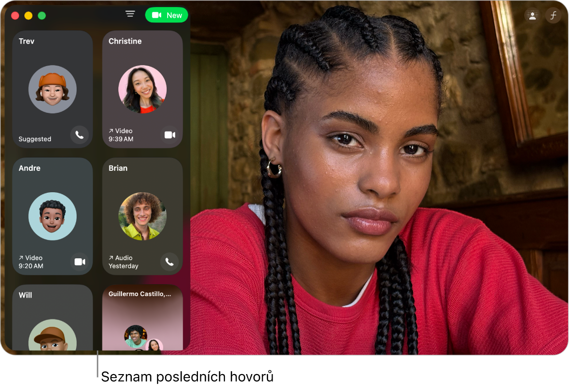 Okno FaceTimu, v němž je nalevo vidět seznam posledních volajících.