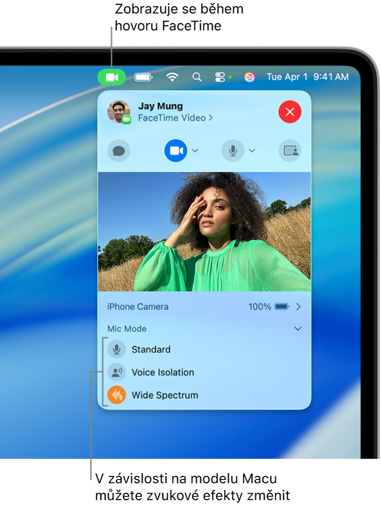 Ovládací centrum v pravém horním rohu obrazovky Macu, kde je vidět tlačítko Video (signalizující, že jste účastníkem hovoru FaceTime) a volby režimu mikrofonu (které v závislosti na Macu mění efekty zvuku)