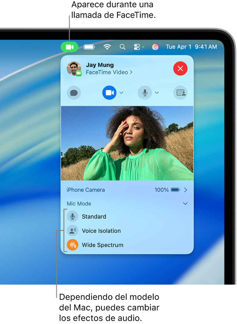 El centro de control en la esquina superior derecha de la pantalla del Mac, con el botón Vídeo (que aparece cuando estás en una llamada de FaceTime) y las opciones de “Modo de micrófono” (que cambian el audio o los efectos, según el Mac).
