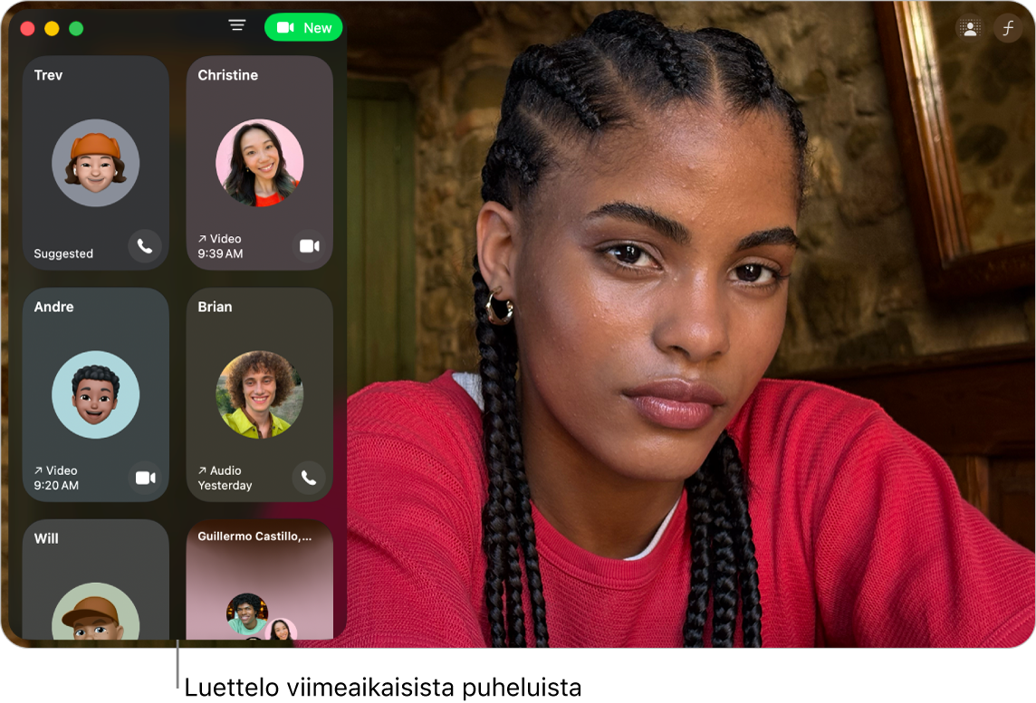 FaceTime-ikkunan vasemmassa reunassa näkyy luettelo äskeisistä soittajista.