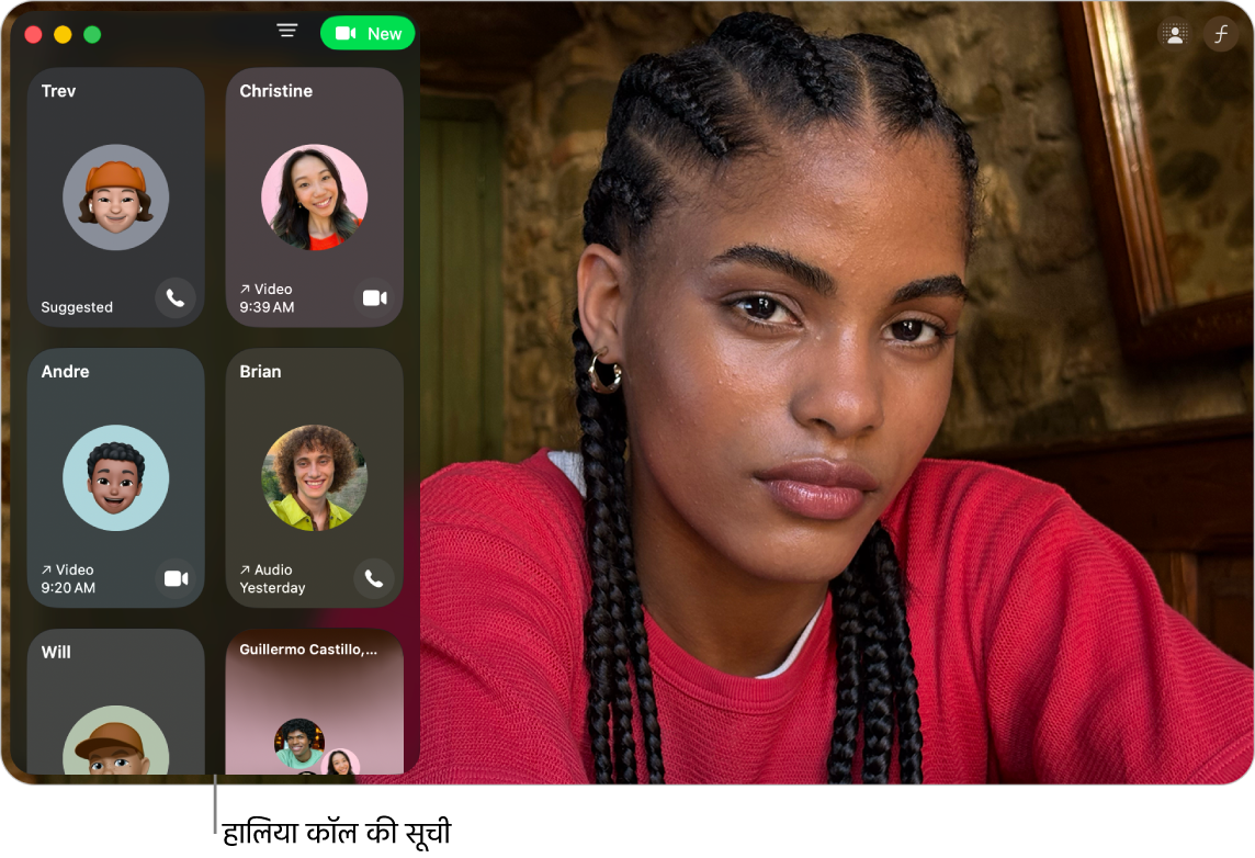 FaceTime विंडो जो बाईं ओर हालिया कॉलर की सूची दिखा रही है।