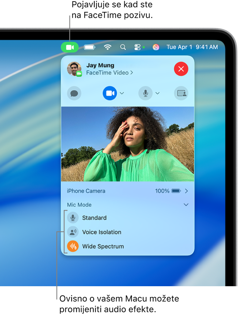 Kontrolni centar u gornjem desnom kutu zaslona Maca s prikazom tipke Video (koja se prikazuje kada ste u FaceTime pozivu) i opcije Načina rada mikrofona (kojima se mijenjaju audio efekti, ovisno o Macu).
