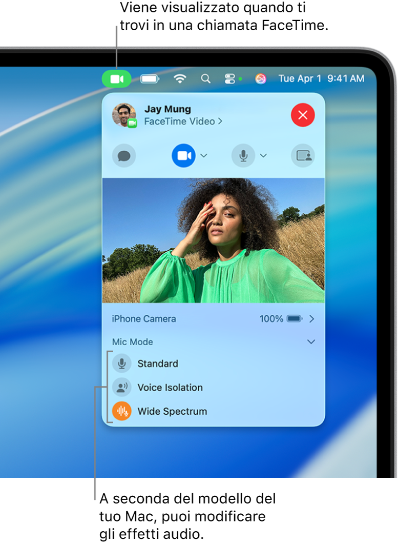 Centro di Controllo nell’angolo superiore destro dello schermo del Mac, che mostra il pulsante Video (che appare durante una chiamata FaceTime) e le opzioni di “Modalità microfono” (che consentono di modificare gli effetti audio, a seconda del Mac).