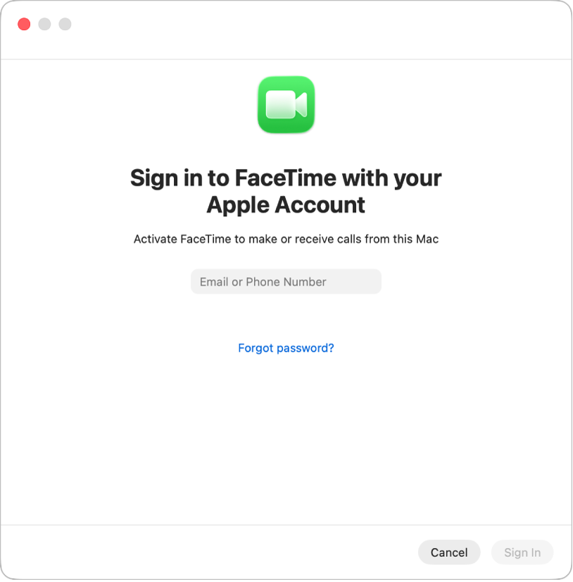 이메일 주소 또는 전화번호를 입력할 수 있는 필드가 표시된 FaceTime 로그인 윈도우.