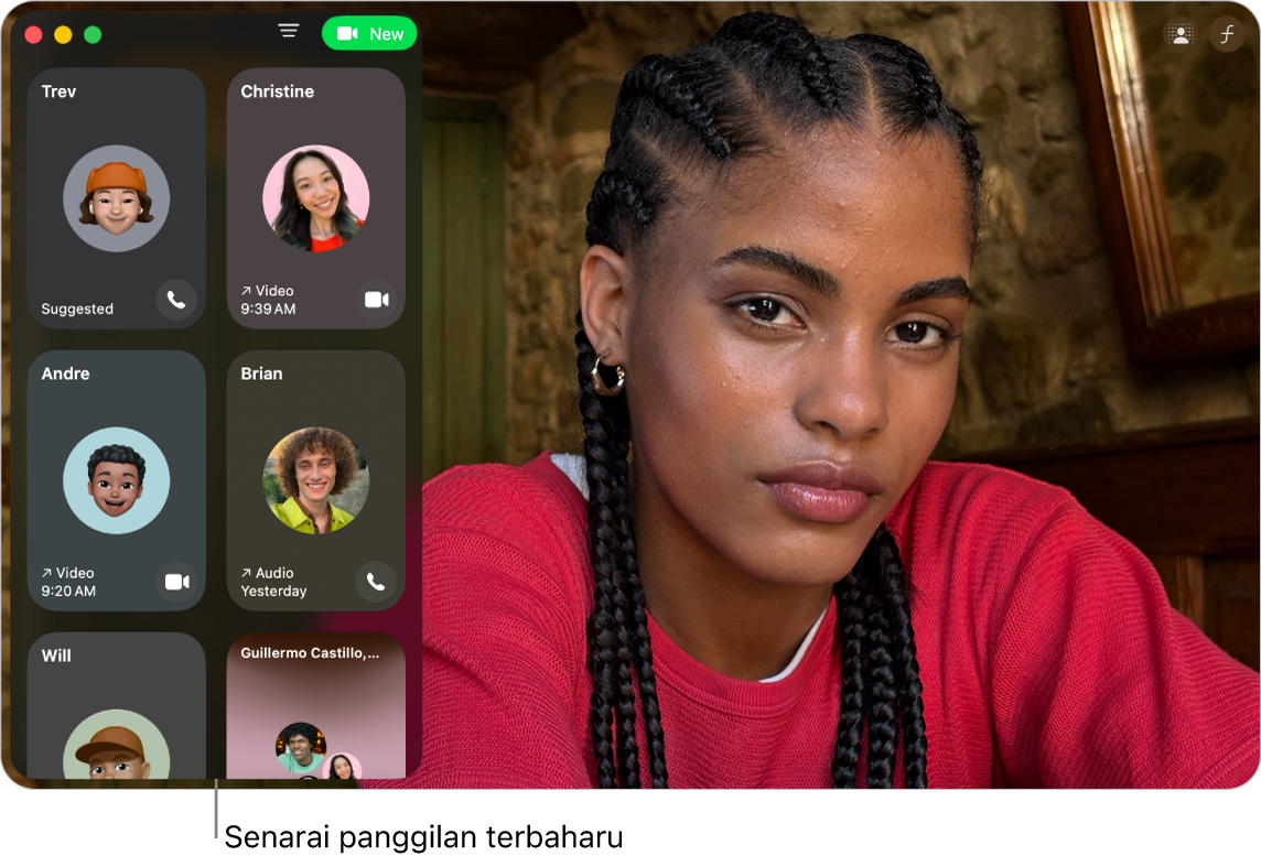 Tetingkap FaceTime menunjukkan senarai pemanggil terkini di sebelah kiri.