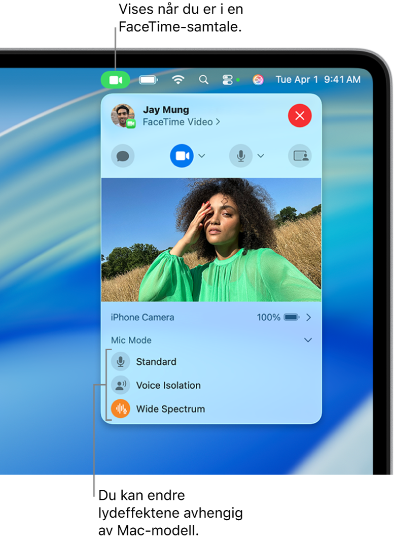 Kontrollsenter, øverst til høyre på Mac-skjermen, som viser Video-knappen (som vises når du er i en FaceTime-samtale) og valg for Videoeffekter og Mikrofonmodus (som endrer videoen eller lydeffektene, avhengig av Macen).