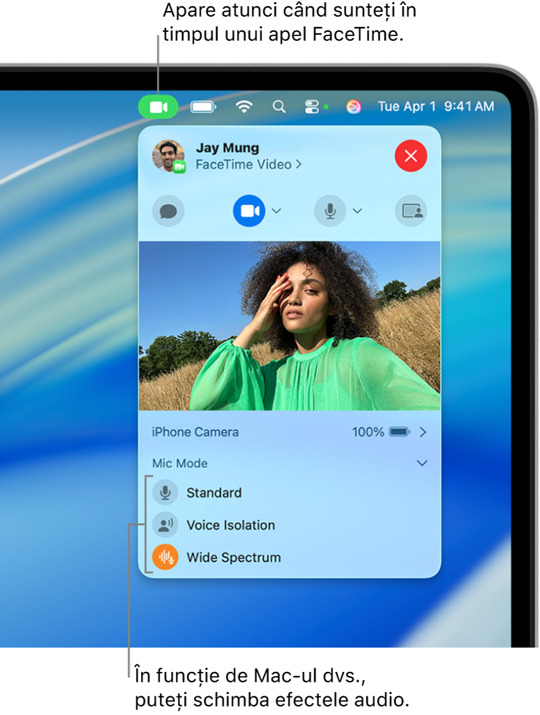 Centrul de control din colțul din dreapta sus al ecranului Mac‑ului afișând butonul Video (care apare în timpul unui apel FaceTime) și opțiunile pentru modul microfon (care schimbă efectele audio în funcție de Mac‑ul dvs.).