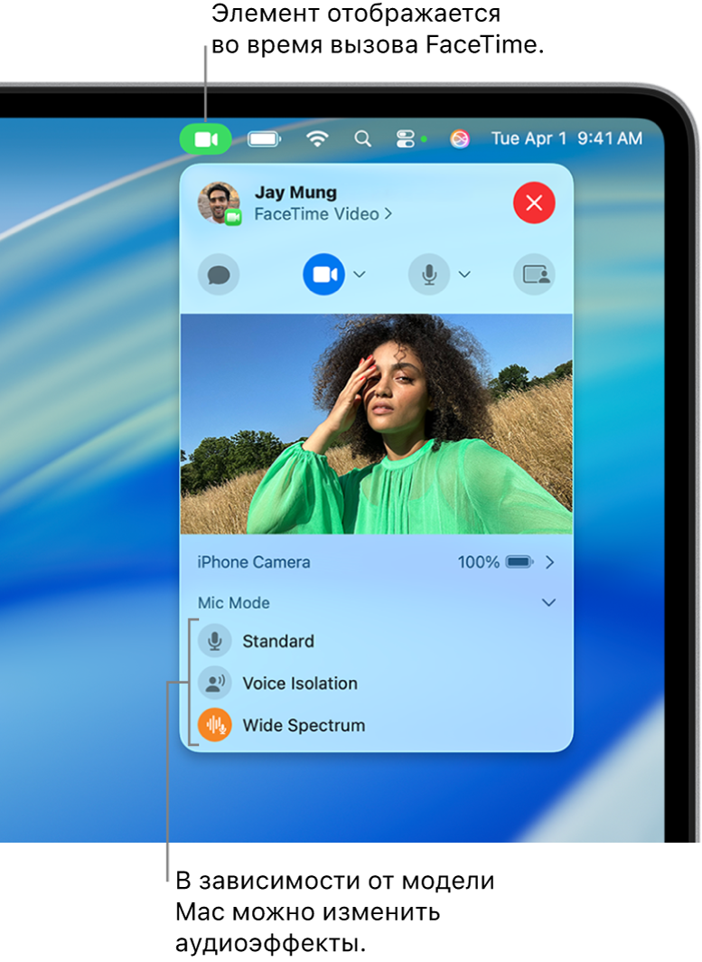 В Пункте управления в правом верхнем углу экрана Mac показана кнопка видео (она видна во время вызова FaceTime с Вашим участием) и параметры режима «Микрофон» (он позволяет изменить некоторые аудиоэффекты в зависимости от модели Mac).