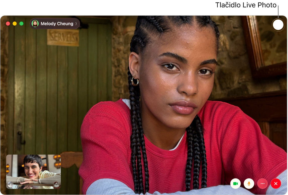 Okno apky FaceTime počas videohovoru s jednou osobou. Tlačidlo Live Photo sa nachádza v pravom hornom rohu okna.