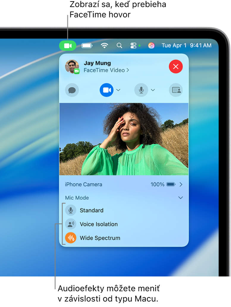Ovládacie centrum v pravom hornom rohu obrazovky Macu zobrazujúce tlačidlo Video (zobrazuje sa, keď sa účastníte FaceTime hovoru) a možnosti režimu mikrofónu (ktoré zmenia audioefekty v závislosti od vášho Macu).