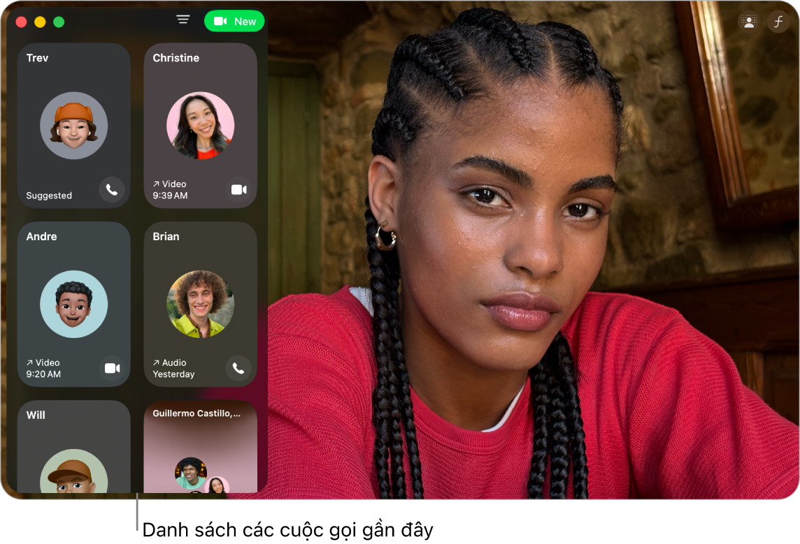 Cửa sổ FaceTime đang hiển thị danh sách những người gọi gần đây ở bên trái.