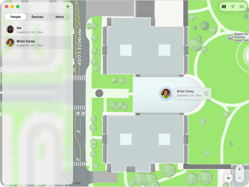 “查找” App 在边栏中显示朋友列表，并在地图上显示其位置。