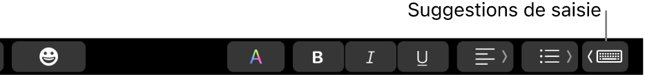 La Touch Bar, avec le bouton permettant d’afficher des suggestions de saisie à l’extrémité droite.