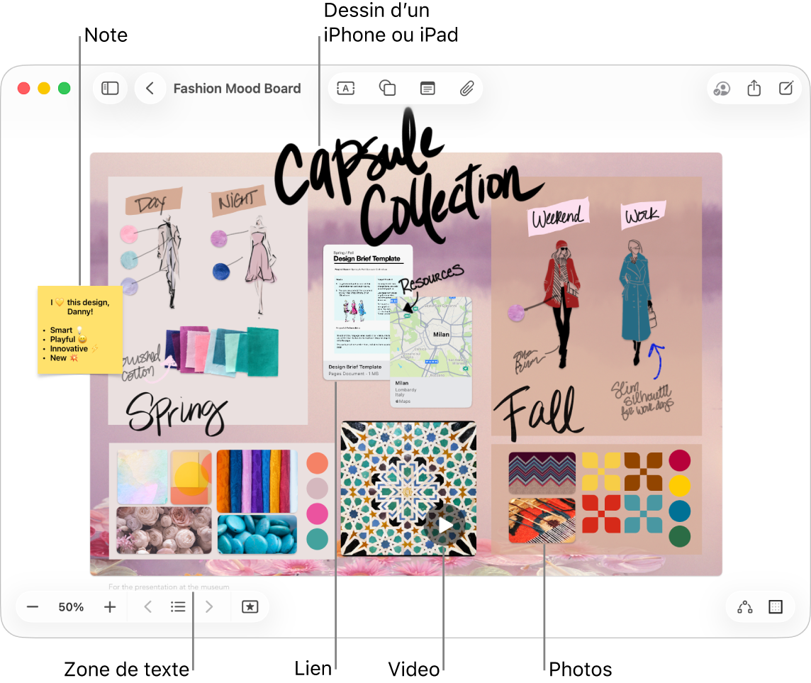 Un tableau Freeform contenant différents éléments, comme un dessin provenant d’un iPhone ou iPad, une note, un lien, une zone de texte, une vidéo et plusieurs photos.