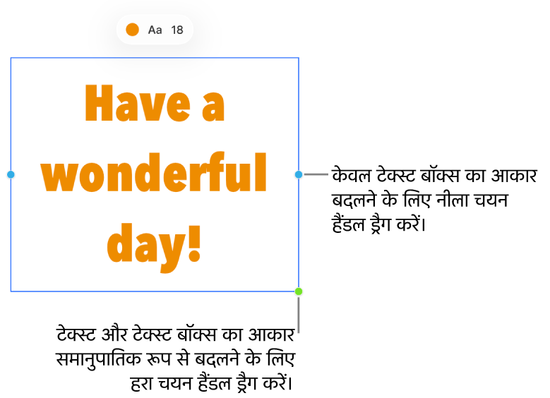 चुना हुआ टेक्स्ट बॉक्स जो नीला चयन हैंडल दिखा रहा है (केवल टेक्स्ट बॉक्स का आकार बदलने के लिए) और नीला चयन हैंडल (टेक्स्ट और टेक्स्ट बॉक्स का आकार आनुपातिक रूप से बदलने के लिए)।