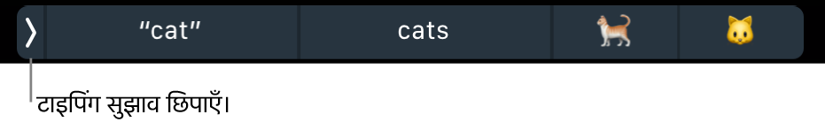 शब्द और ईमोजी दिखाते टाइपिंग सुझाव और टाइपिंग सुझावों को छिपाने के लिए बाईं ओर स्थित बटन।