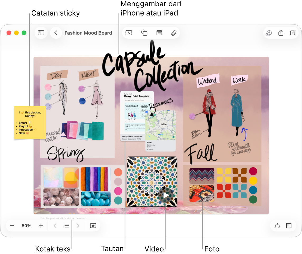 Bidang Freeform dengan berbagai item, seperti gambar dari iPhone, atau iPad, catatan sticky, tautan, kotak teks, video, dan beberapa foto.