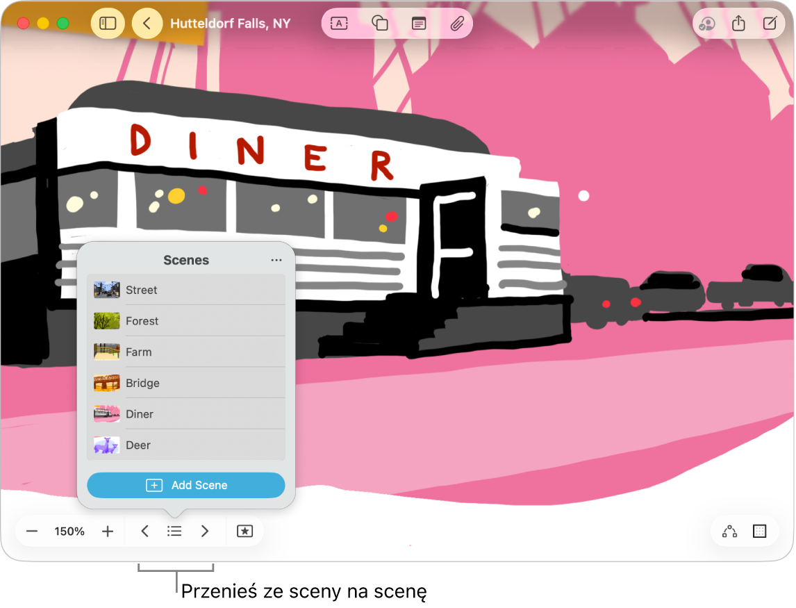 Tablica Freeform z otwartym nawigatorem scen.