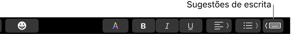 A Touch Bar, com o botão para mostrar sugestões de escrita na extremidade direita.