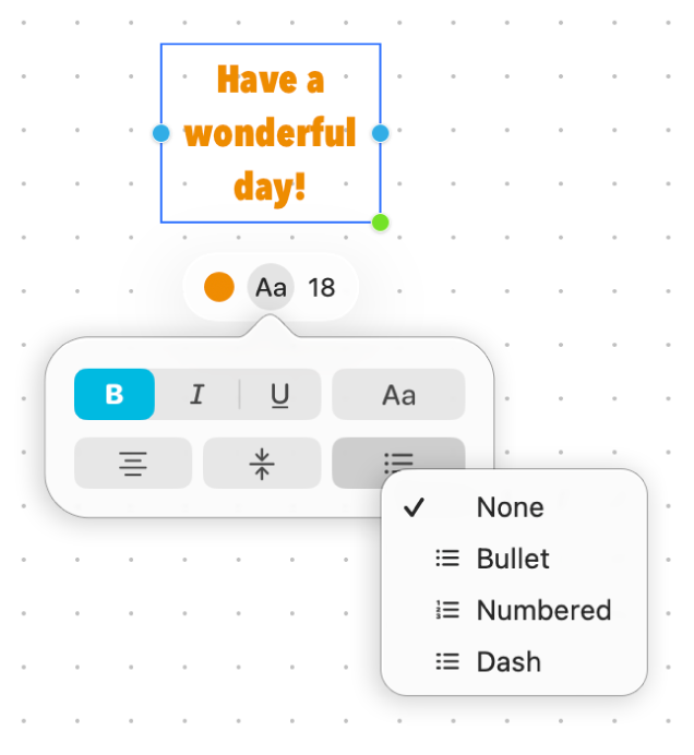O casetă de text selectată cu instrumentele de formatare.
