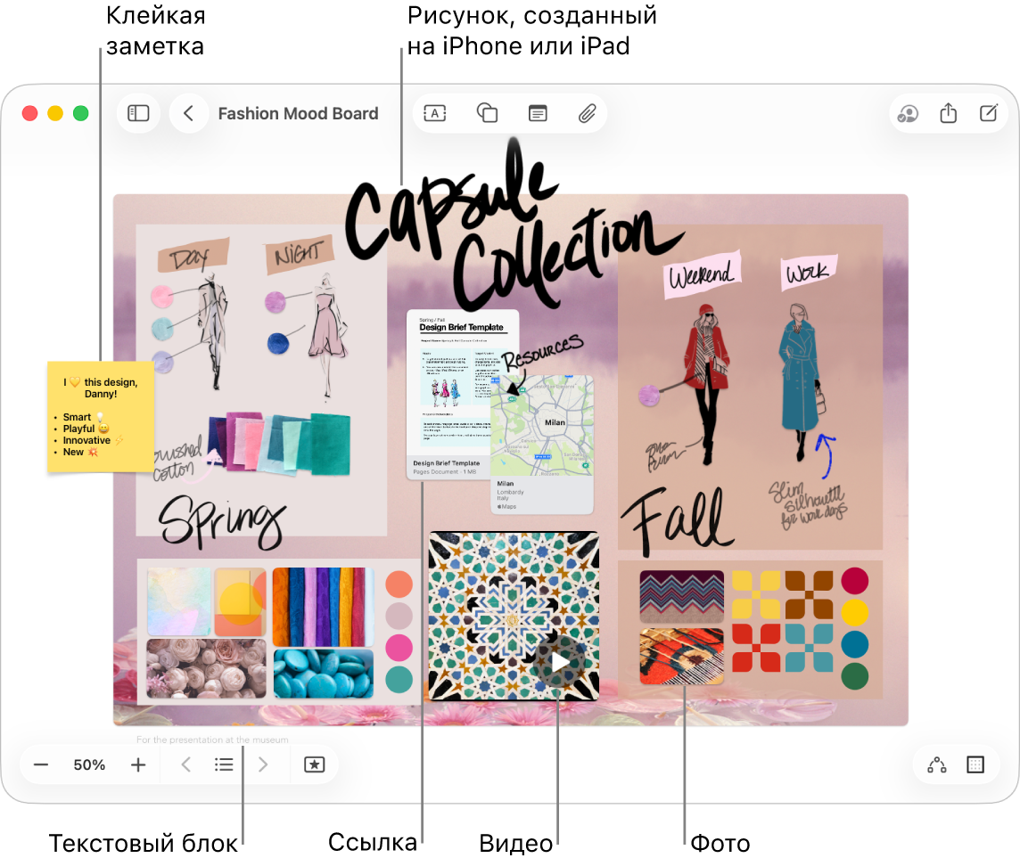 На доске Freeform показаны различные объекты, такие как рисунок с iPhone или iPad, клейкая заметка, ссылка, текстовый блок, видео и несколько фотографий.